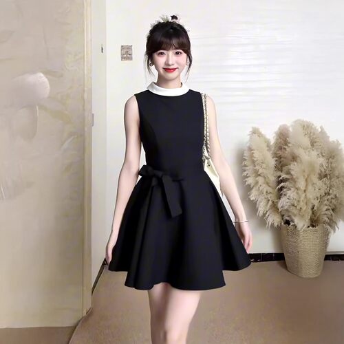 有内衬赫本风无袖黑色连衣裙女收腰A字裙千金高级感裙子夏季新款