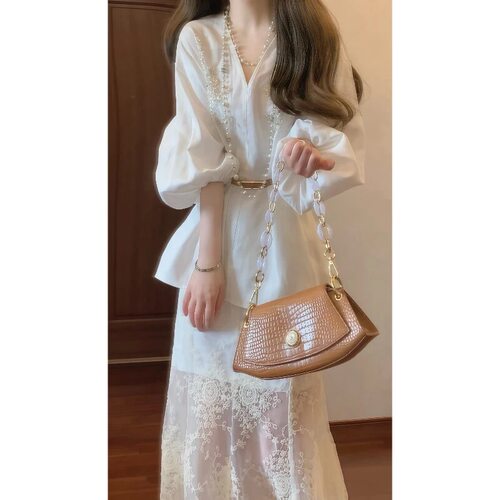 夏季新中式国风巨好看V领灯笼袖上衣网纱鱼尾半身裙套装