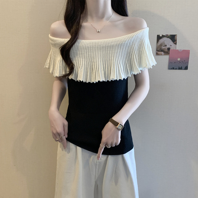 实拍 胖mm大码女装夏装法式小众性感短袖T恤显瘦设计感露肩上衣