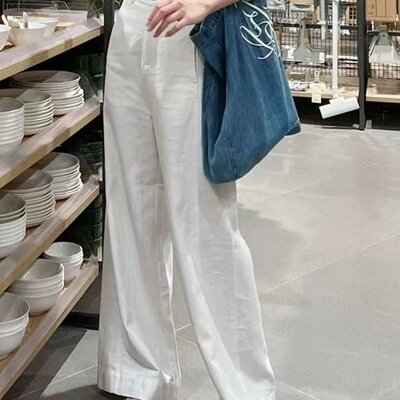 白色加长高腰棉麻阔腿裤女夏季高级感垂感直筒休闲裤宽松拖地裤春