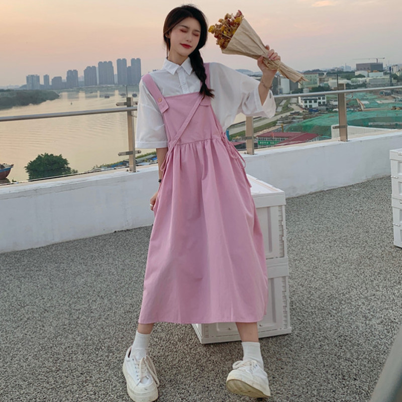大码女装设计感时尚套装两件套夏装百搭衬衫+复古显瘦背带连衣裙