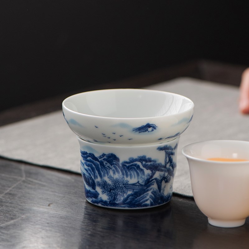 青花瓷茶漏全瓷过滤网陶瓷一体茶漏斗茶隔功夫茶具公道杯茶滤套装