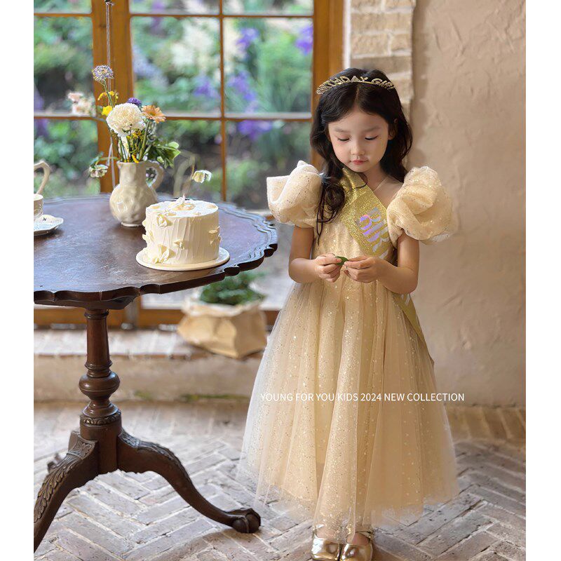 香槟色女童连衣裙夏季2025新款闪片超好看的儿童生日礼服公主裙子