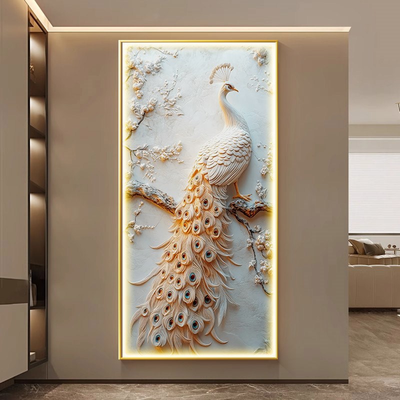 孔雀轻奢玄关装饰画浮雕立体高级感入户进门挂画走廊过道墙壁灯画
