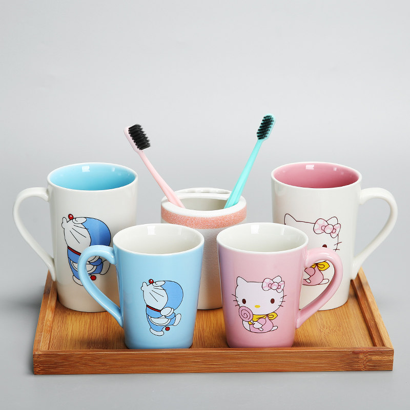 卡通陶瓷洗漱杯大人小孩牙杯 三四口之家漱口杯 猫咪 学生杯 刻字