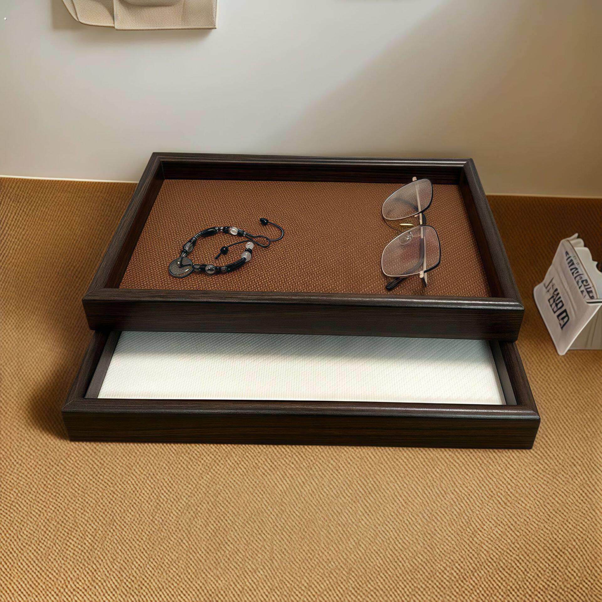 棕麻细纹轻奢收纳盘长方形复古边框日常家用茶盘珠宝首饰展示托盘