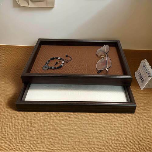 棕麻细纹轻奢收纳盘长方形复古边框日常家用茶盘珠宝首饰展示托盘