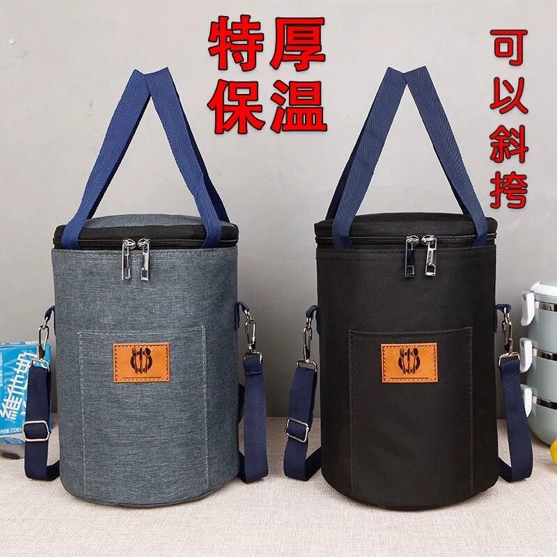 适用保温桶提袋防水手提圆桶饭盒铝箔上班族圆形便当带加厚