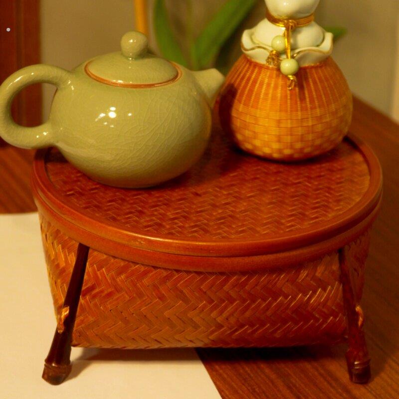 邱师傅竹木竹编收纳盒带盖圆形储物盒家居装饰摆件茶室茶具收纳盒