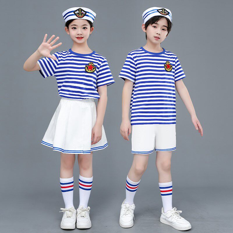 男童女童海军风夏季套装幼儿园合唱舞蹈服装六一儿童海魂衫演出服