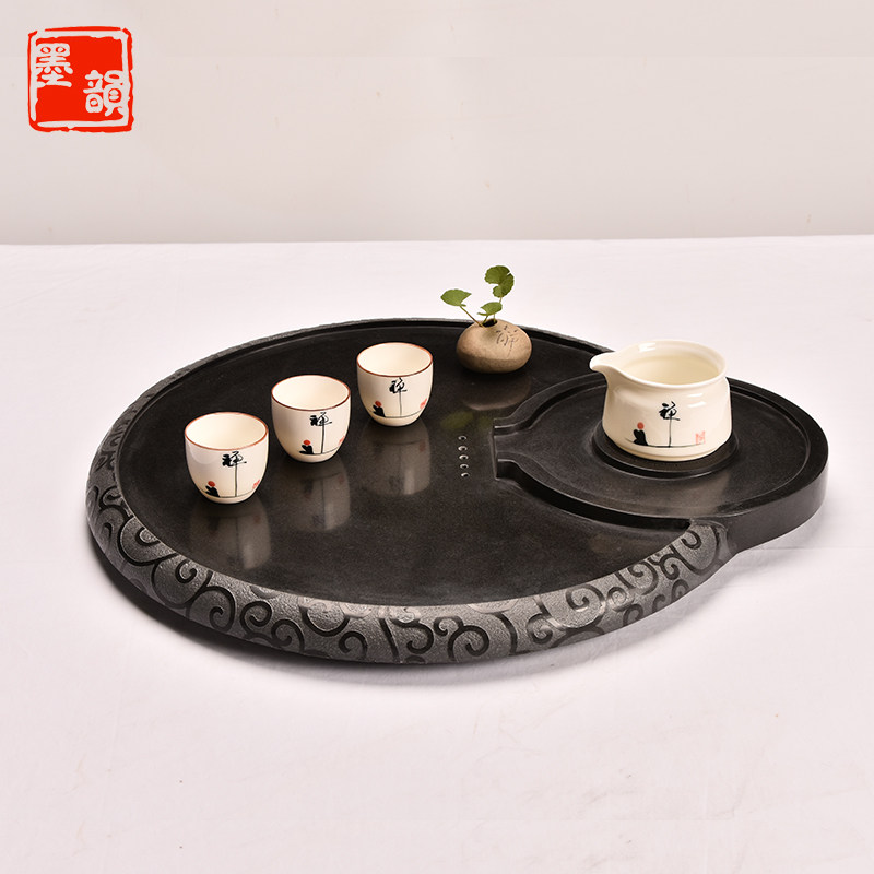 整块乌金石头圆形茶盘石材茶海石磨盘大号茶台石制简约可排水小号