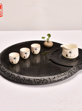 整块乌金石头圆形茶盘石材茶海石磨盘大号茶台石制简约可排水小号