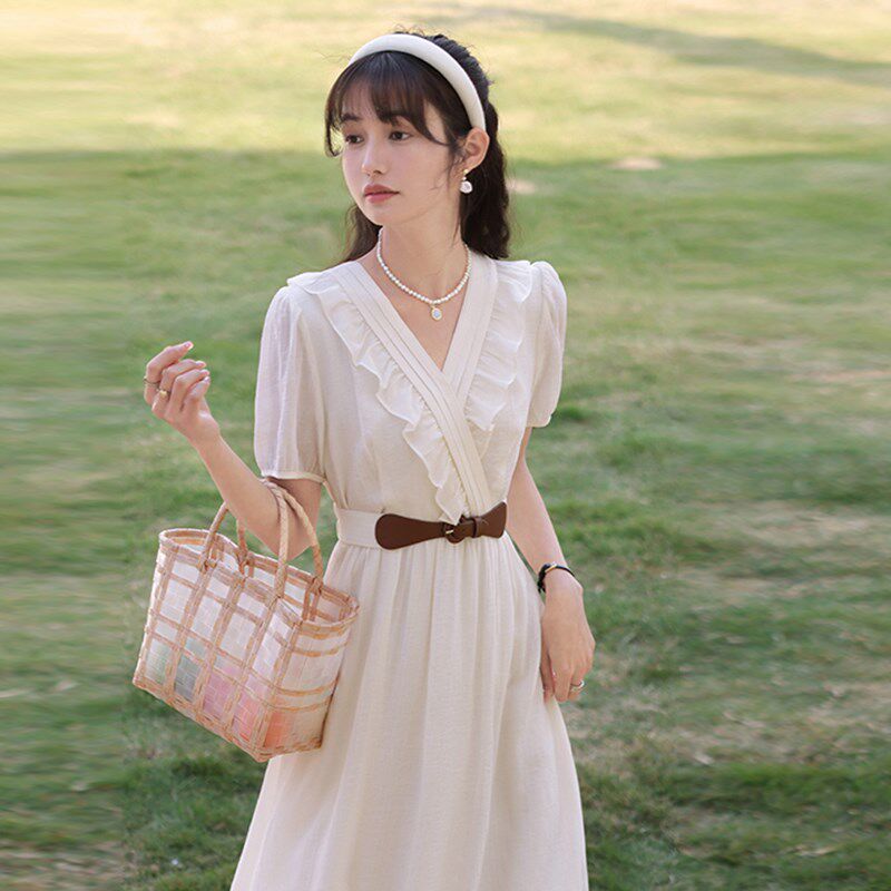 送腰带 有内衬法式复古夏季v领连衣裙女2025新款短袖中长裙子6805