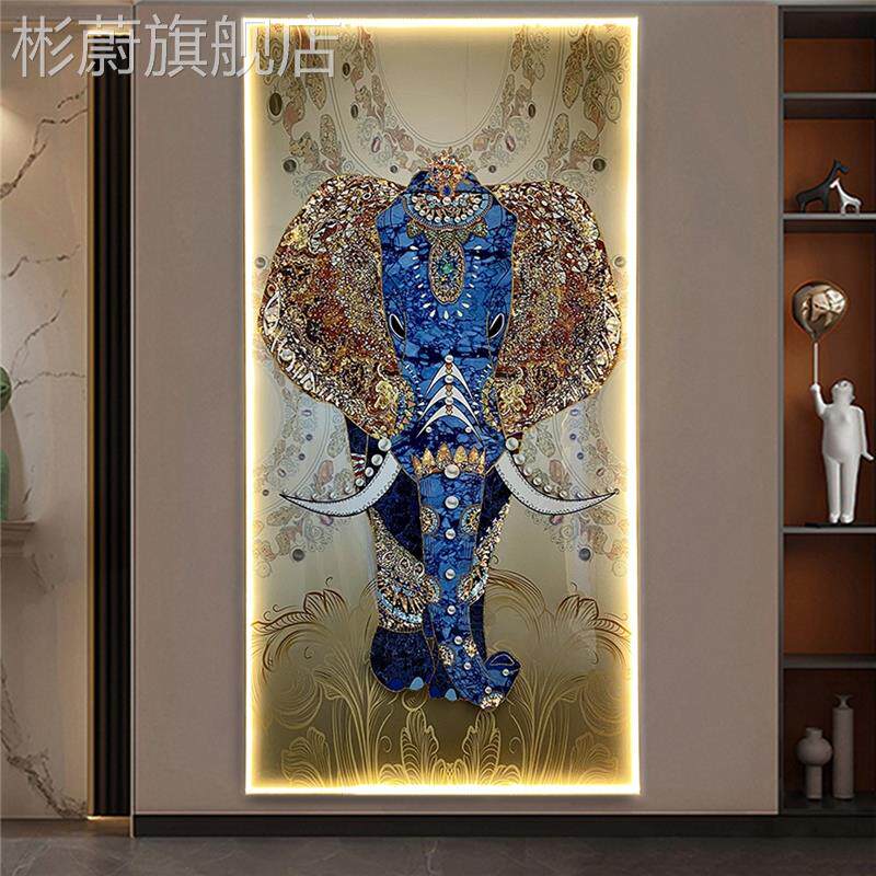 网红玄关挂画带灯光烤瓷镶钻入装饰画 定制户道过走大象客厅家居