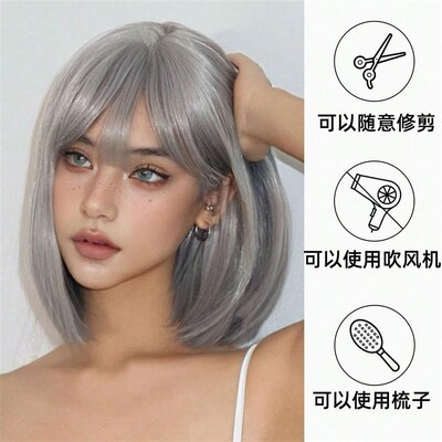 银色假发女齐刘海短发银灰色时尚新款机械感欧美风cos一刀切头套