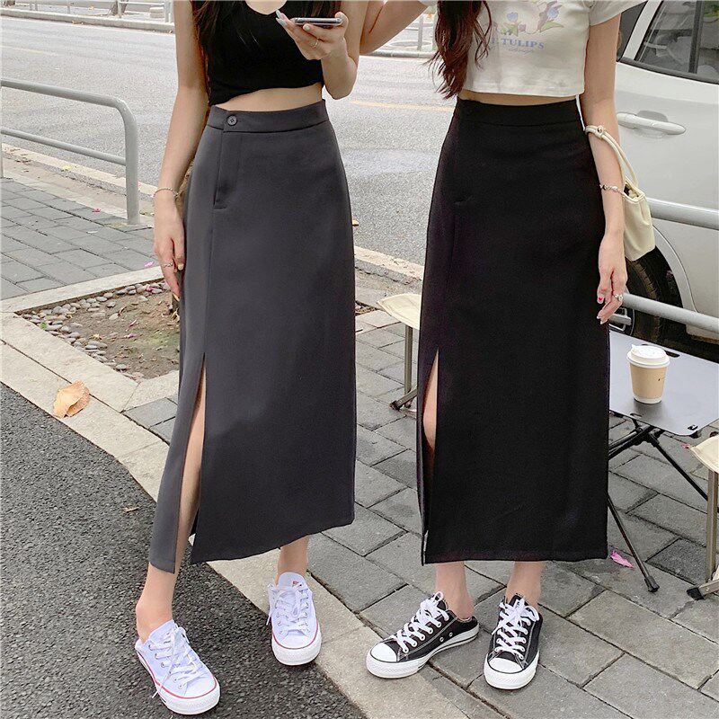 灰色西装中长款半身裙女大码2024春夏高腰显瘦a字遮跨开叉包臀裙