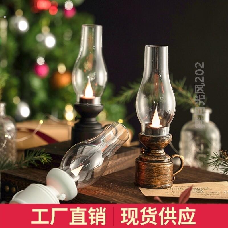 耶诞节复古发光电子煤油灯桌面摆件过年万圣节油灯场景布置装饰