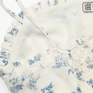 【包邮】碎花木耳边细肩带系绳吊带背心女修身显瘦后背松紧短上衣