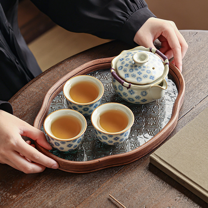 汝窑皮球花手抓壶盖碗茶杯功夫茶具套装家用高端茶盘不烫手茶碗