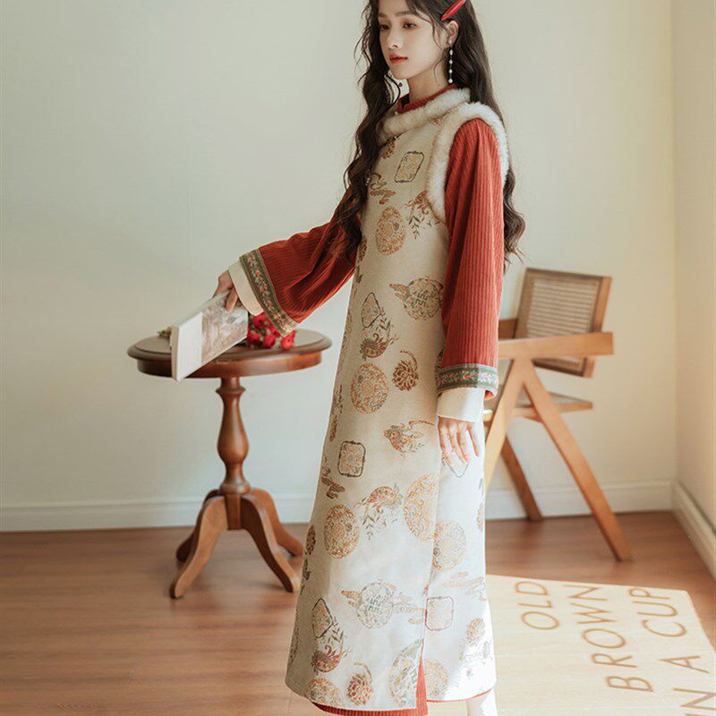 【新品九折】少女秋冬国风旗袍加厚马甲女过年中式红色喜庆套装