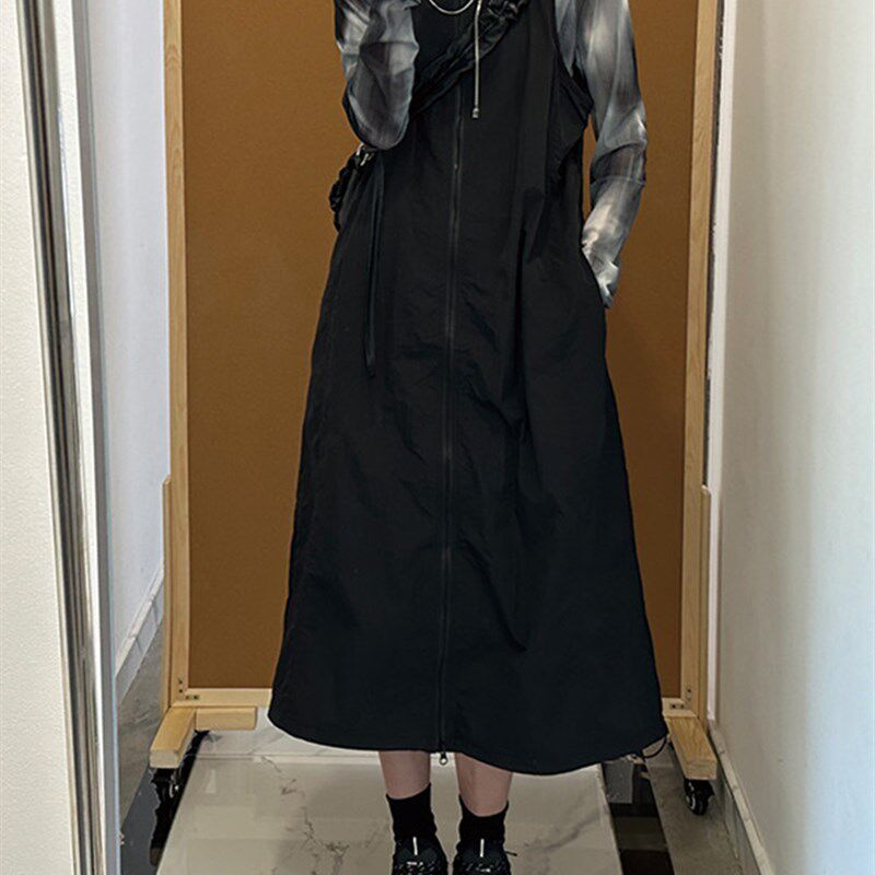 美式灰色工装机能风背心裙女设计感拉链连衣裙胖mm大码显瘦背带裙