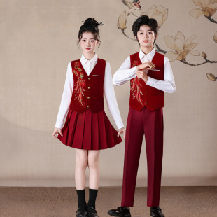 中国风儿童演出服男女学生合唱比赛国风刺绣马甲百褶裙套装