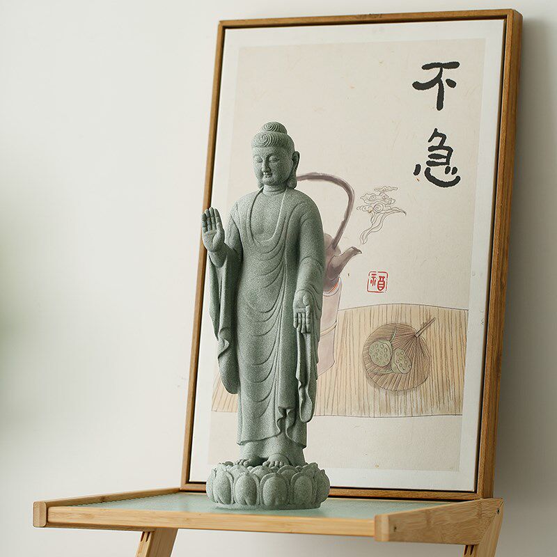 禅意新中式莲花台无畏如来大号佛像摆件家居玄关复古桌面造景装饰