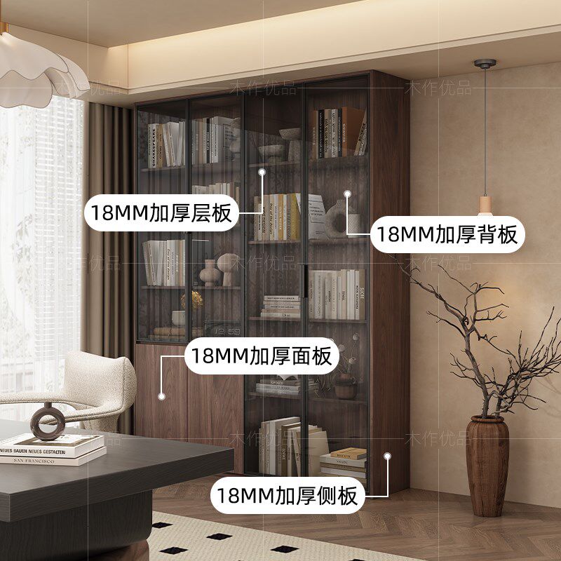 中古风客厅书柜一体整墙法式复古实木收纳储物柜子带玻璃门展示柜