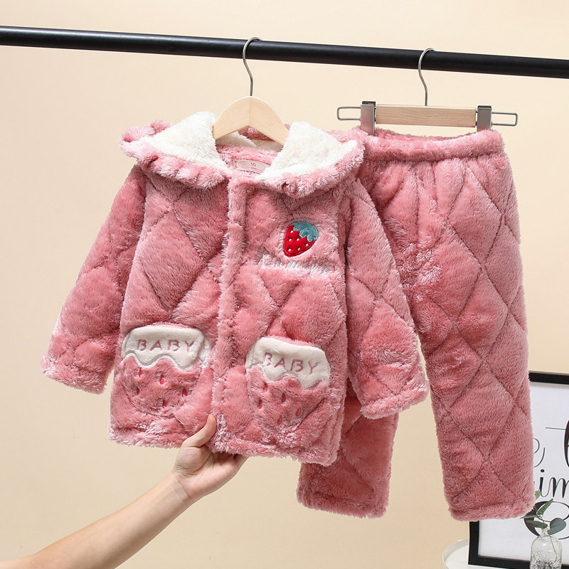 冬季新款水晶绒三层加厚儿童睡衣套装男童女童带帽法兰绒夹棉睡衣