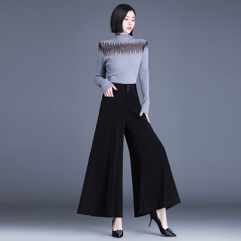 2024春秋夏季款高腰裙裤大脚跳舞裤垂感荷叶边女裤阔腿裤模特走秀