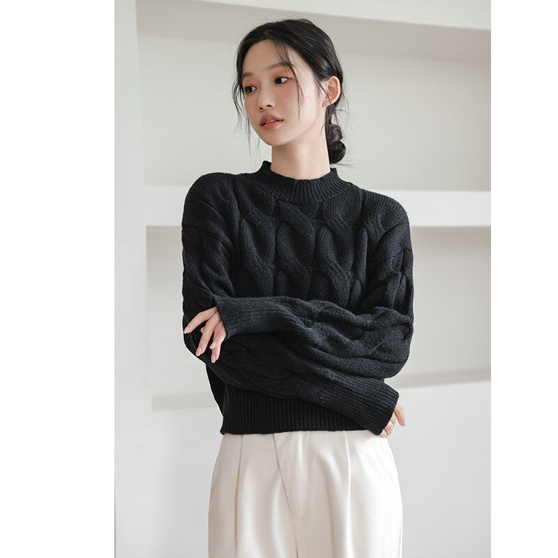 复古半高领麻花毛衣女2024年秋冬新款短款内搭打底加厚针织衫上衣