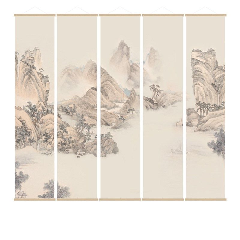 新中式茶室书房背景墙挂画客厅软隔断屏风挂帘水墨山水装饰画卷轴