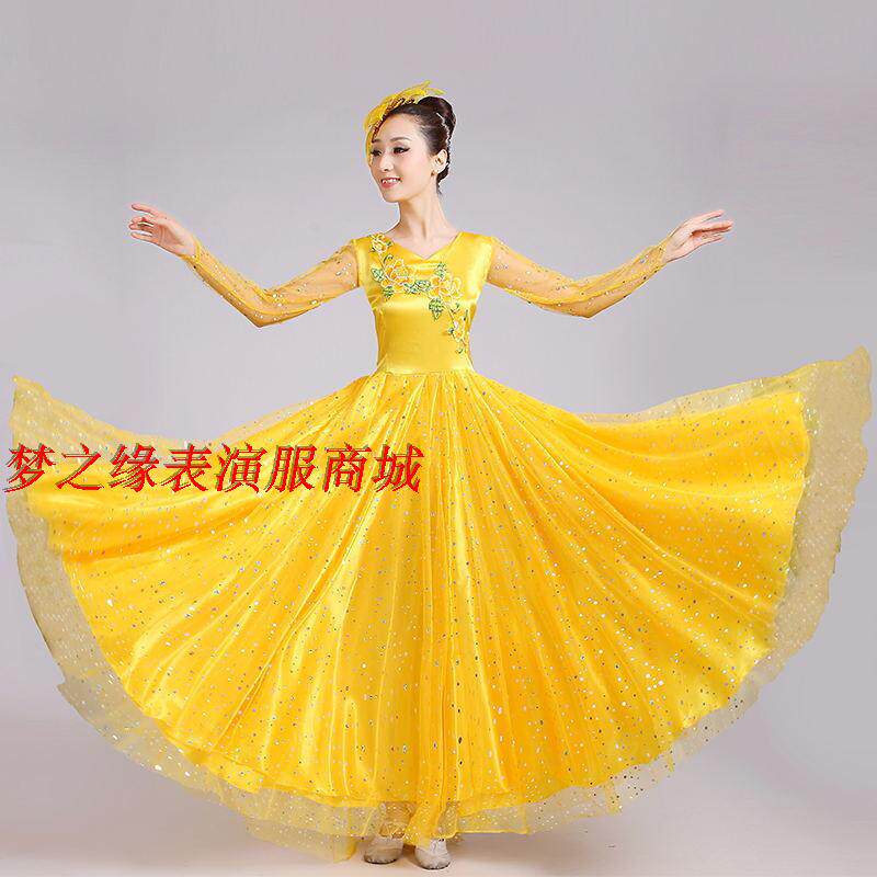 2018新款开场舞大摆裙演出服舞蹈长裙女成人伴舞服装长袖大合唱服