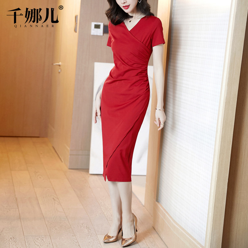 红色连衣裙长款过膝2021新款女夏包臀开叉短袖V领气质显瘦长裙子