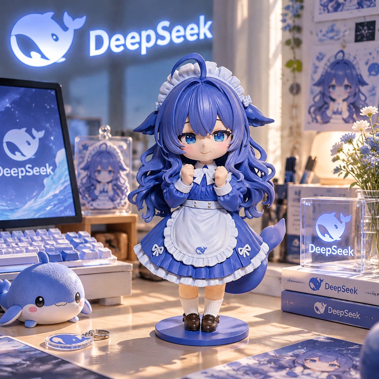 DeepSeek大肥鱼Q版机娘手办模型3D打印女仆装桌搭收藏品潮玩摆件