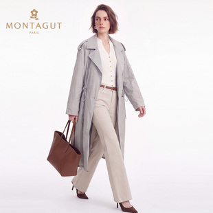 Montagut/梦特娇浅灰色轻量风衣女抽绳收腰宽松长款防晒休闲外套