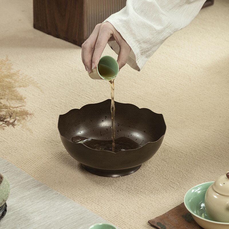 复古铜花瓣茶洗大号特大水洗茶洗缸茶渣缸茶杯收纳茶盆茶盂洗茶器