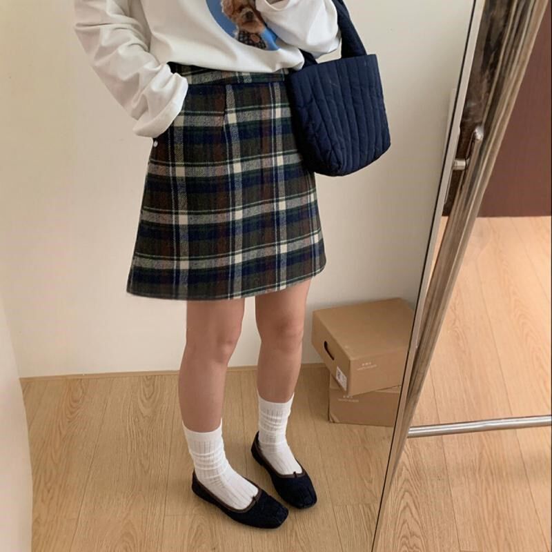复古黄色格子半身裙胖mm高腰毛呢格纹a字包臀裙显瘦学院风短裙女