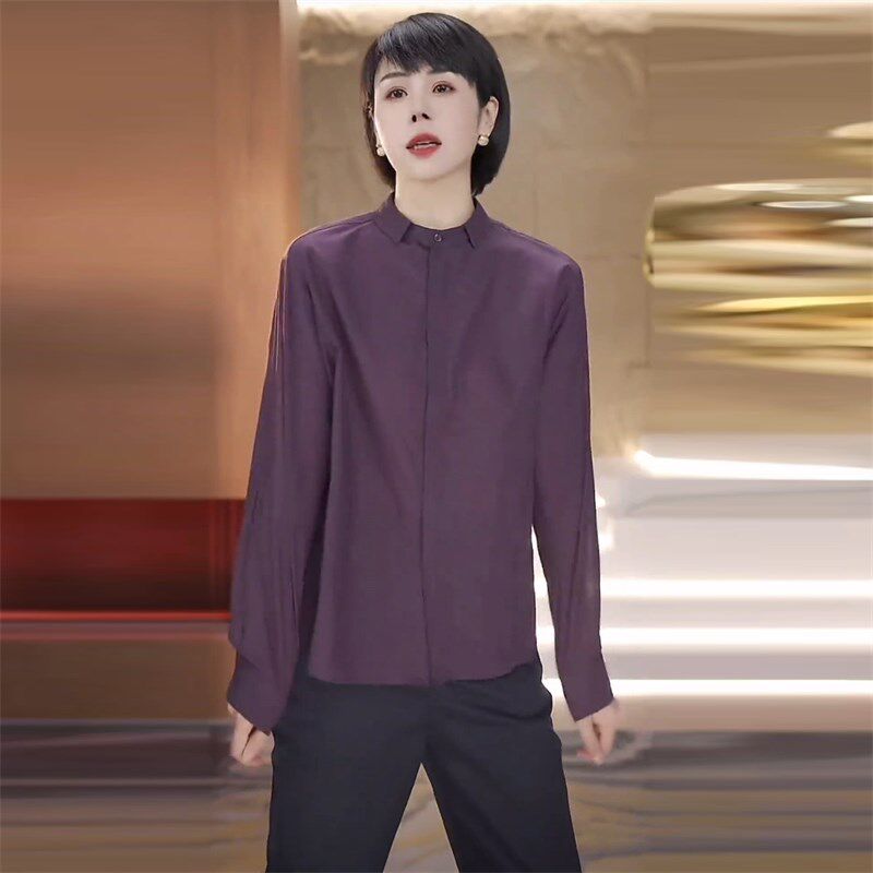 复古气质长袖紫色衬衫女款2024新款秋季宽松翻领衬衣百搭显瘦上衣