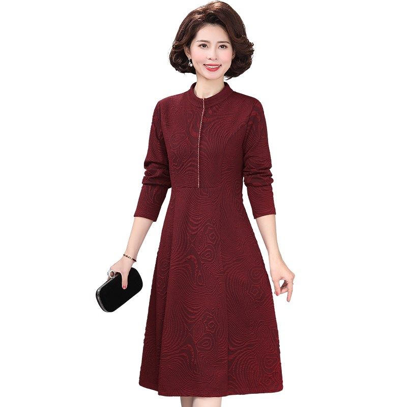 中老年女装喜庆婚宴2024新款妈妈结婚酒红连衣裙立领秋冬打底裙子