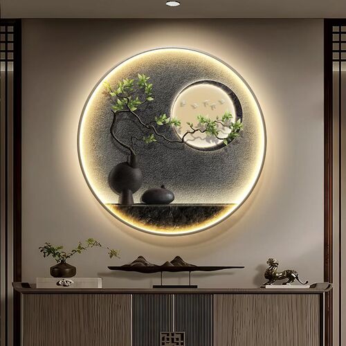 侘寂风玄关装饰画抽象绿植走廊尽头过道灯画客厅高档大气楼梯墙画