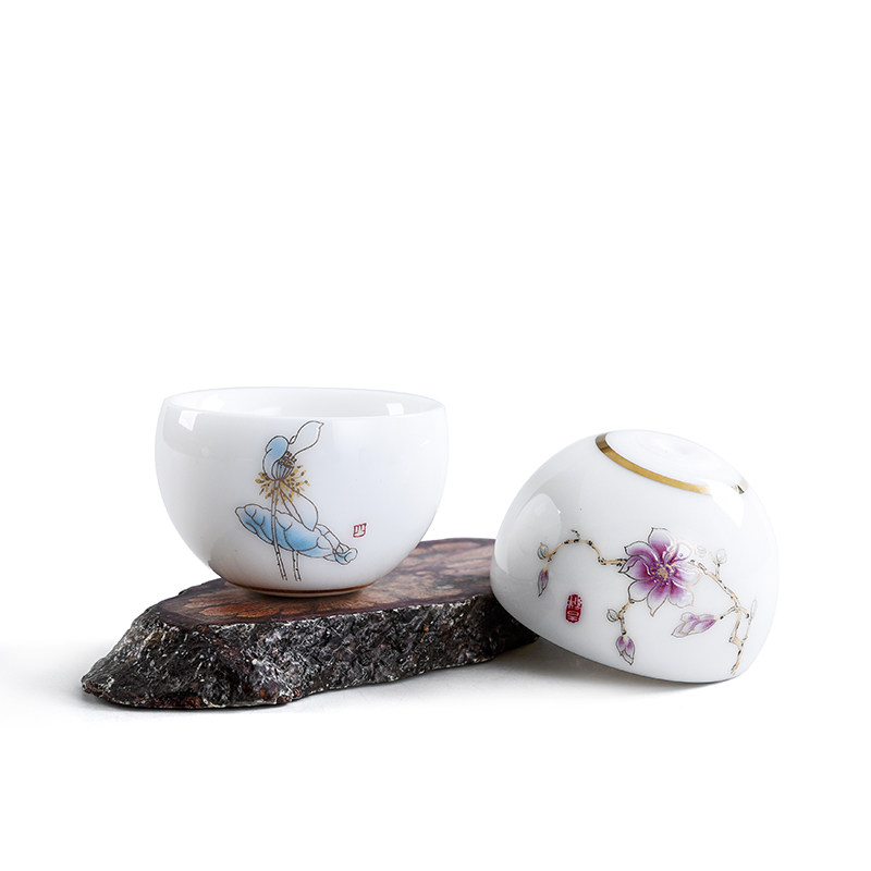 白瓷不倒杯茶杯玉瓷羊脂玉功夫茶具描金甜白品茗杯小普洱茶杯单杯