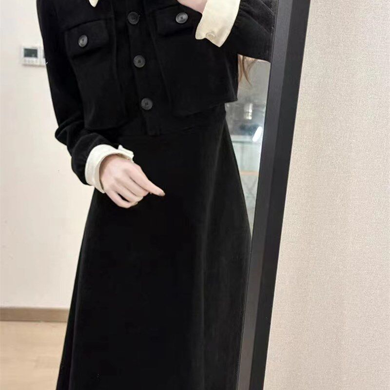 春秋冬新款大码微胖妹妹法式长袖连衣裙女高级感收腰显瘦西装裙子