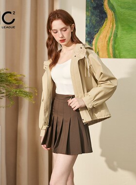 mc2卡其色连帽短款夹克外套女2024春秋新款宽松洋气显瘦小个子
