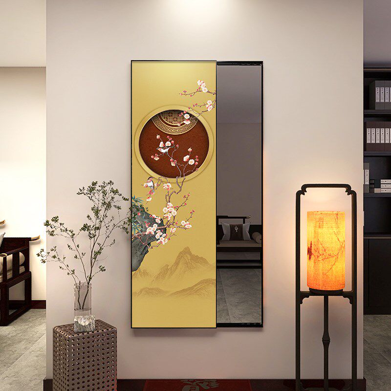 中国风进门穿衣镜上墙暗藏式推拉全身镜挂画中式古典美花鸟壁画