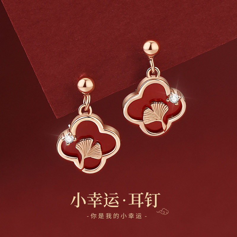 【一物一证】S999纯银四叶草小幸运耳钉女990纯复古设计杏叶耳饰