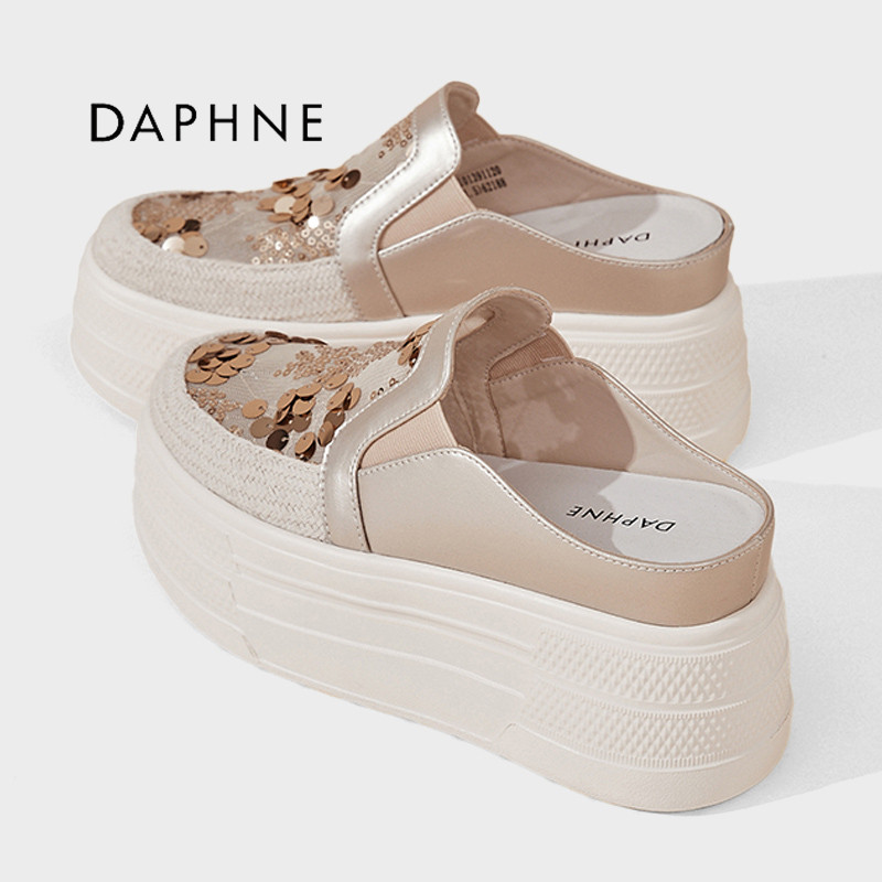 Daphne/达芙妮厚底亮片包头半拖鞋女2026夏季增高一脚蹬外穿凉拖P