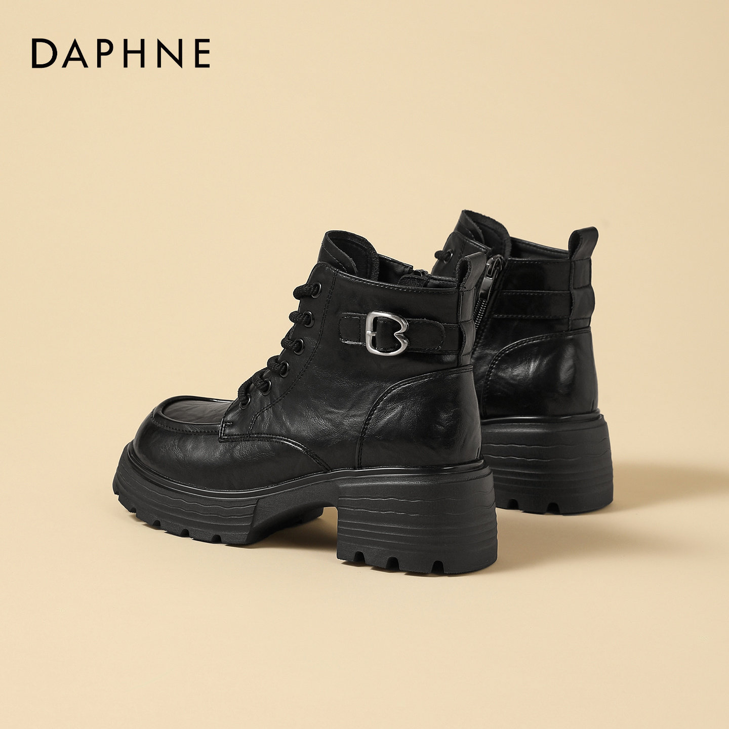 Daphne/达芙妮2026秋冬皮带扣短靴女季厚底增高马丁靴百搭机车靴i