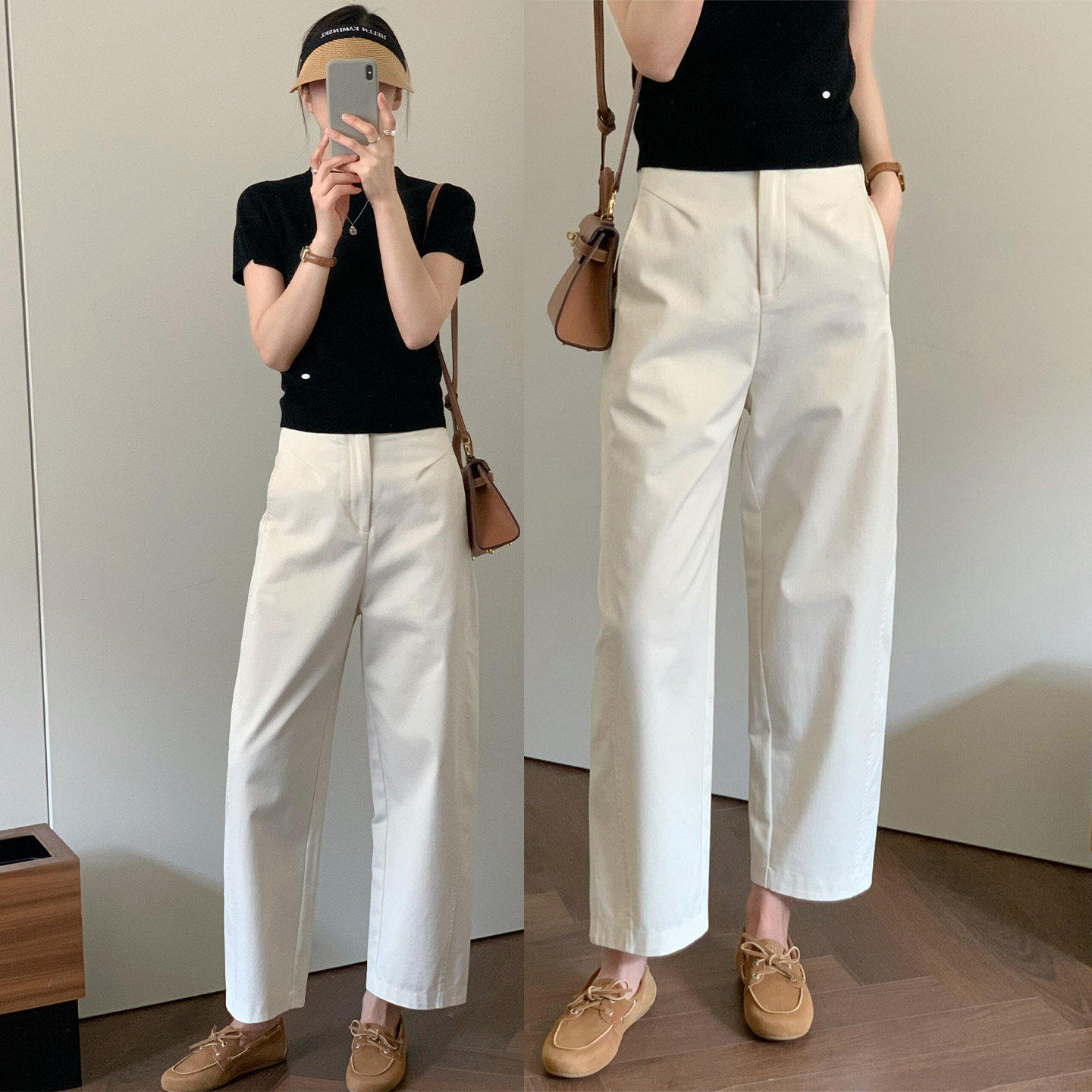 米白色九分休闲裤女夏新款大码胖mm梨型身材高腰显瘦小个子弯刀裤