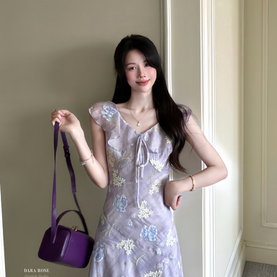 DARA ROSE-四季青紫色重工刺绣女人味优雅气质V领荷叶